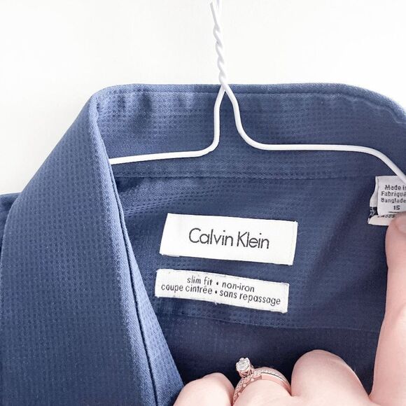 Calvin Klein Mens Dress Shirt Slim Fit Button Down Long Sleeve Blue Size 15 - Picture 4 of 9